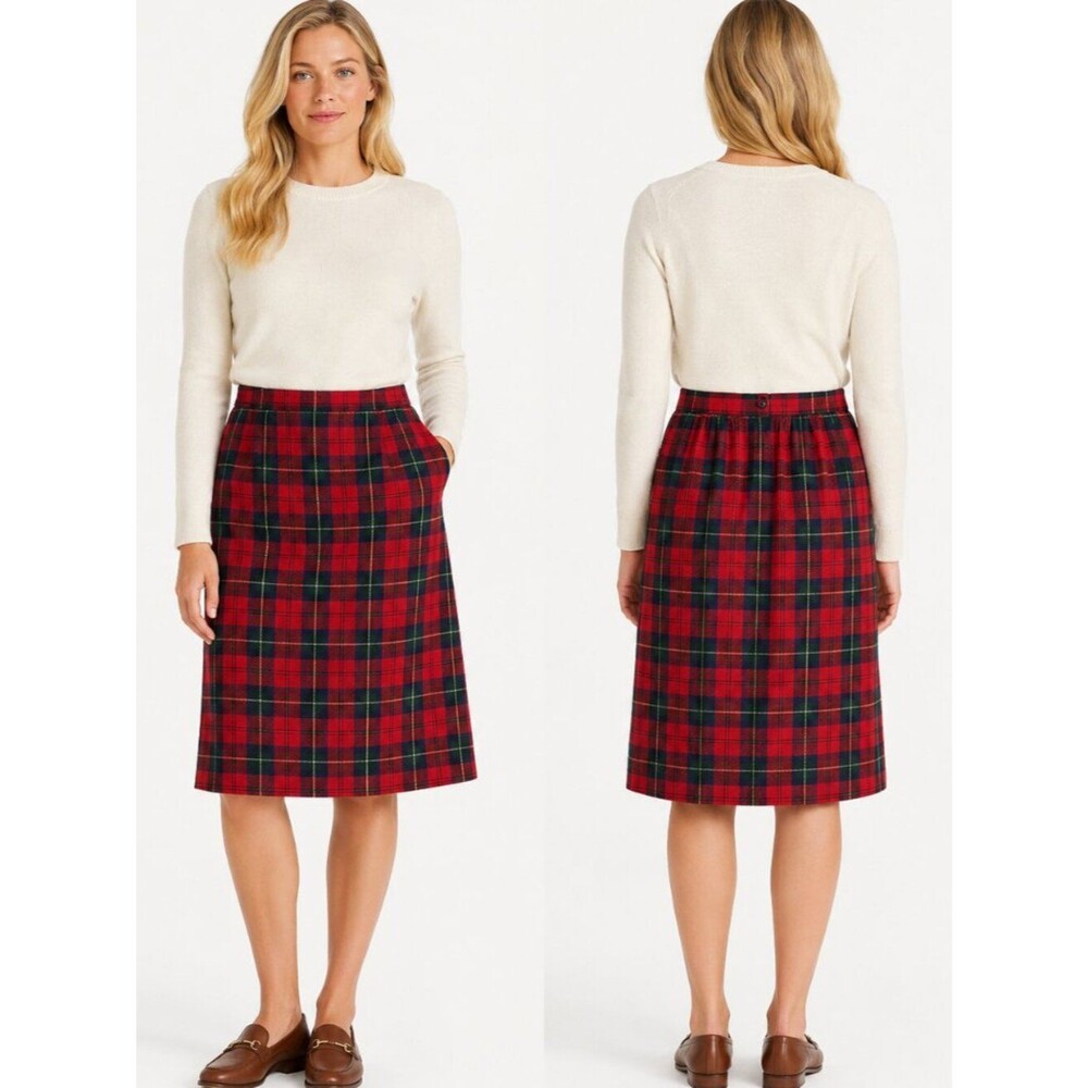 Vintage Pendleton Boyd Tartan Virgin Wool Plaid Midi Skirt Red Green Size S